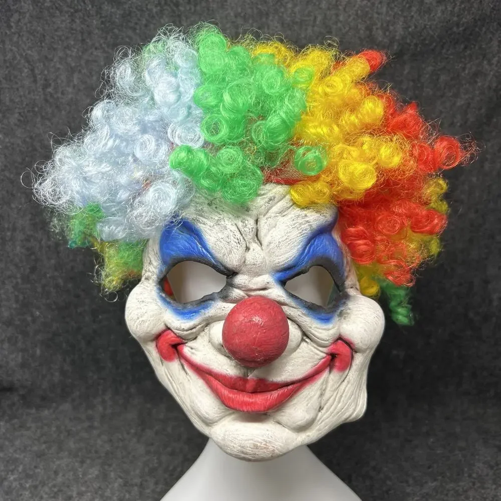 Creepy Horror Clown Mask Rainbow Wig Halloween Costume Accessories 2pc Bundle